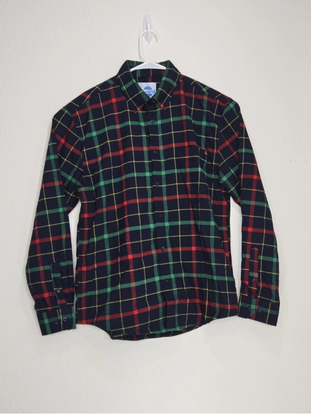 RSVLTS Borland Flannel Shirt Green Plaid Stretch Button Down Long Sleeve Size L